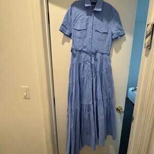 Zara Light Blue Poplin Belted Maxi Shirt Dress Sz Small Asymmetrical Tiers NEW
